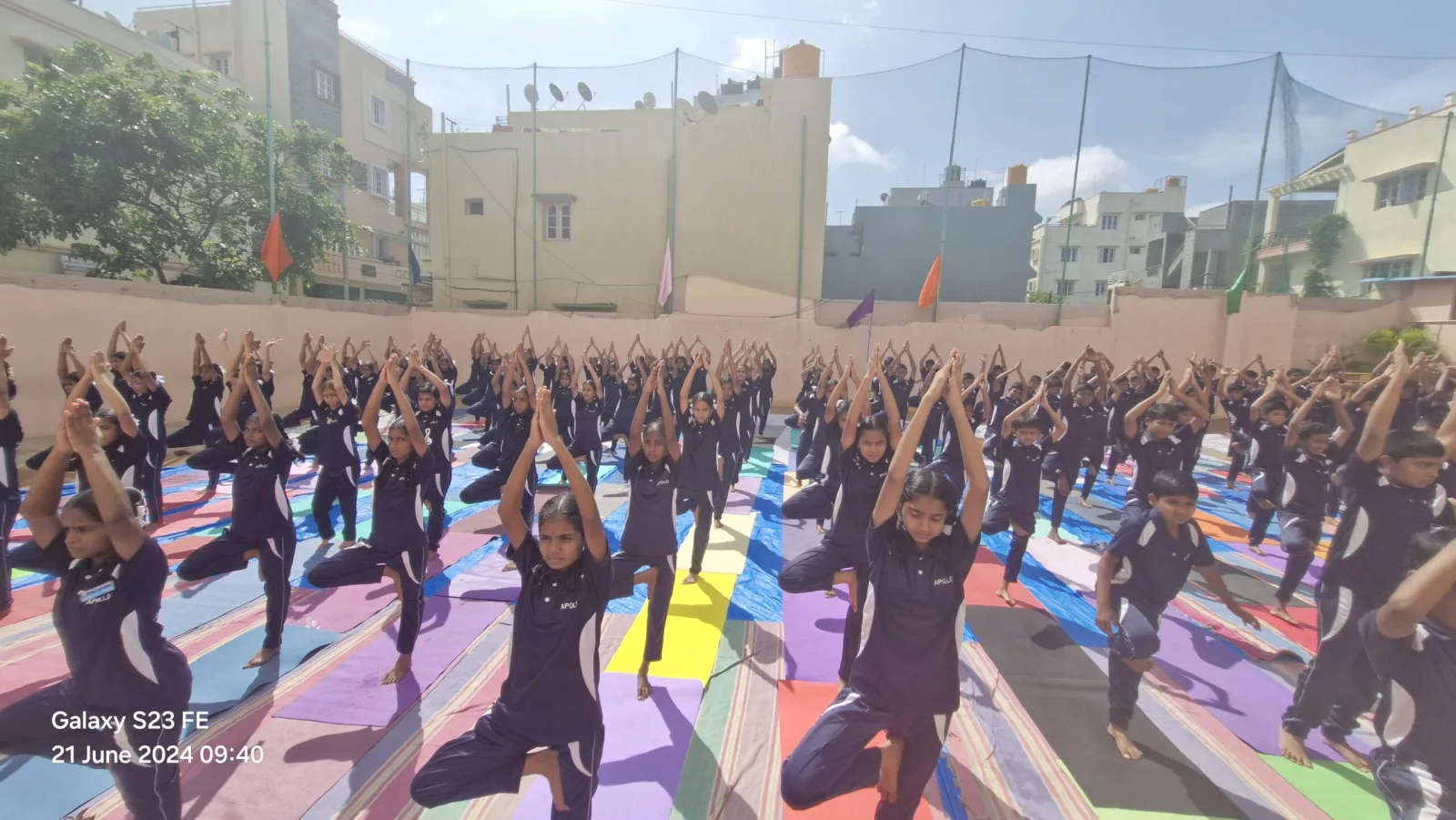 Hundreds of students performing yoga poses on colourful mats on the school ground